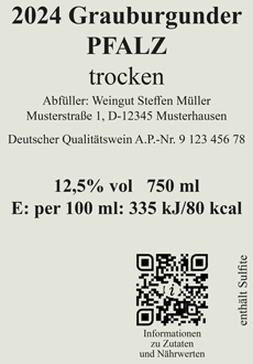 Weinetikett mit QR- e-label für die Rückseite, mit den vorgeschriebenen Angaben - Beispielabbildung