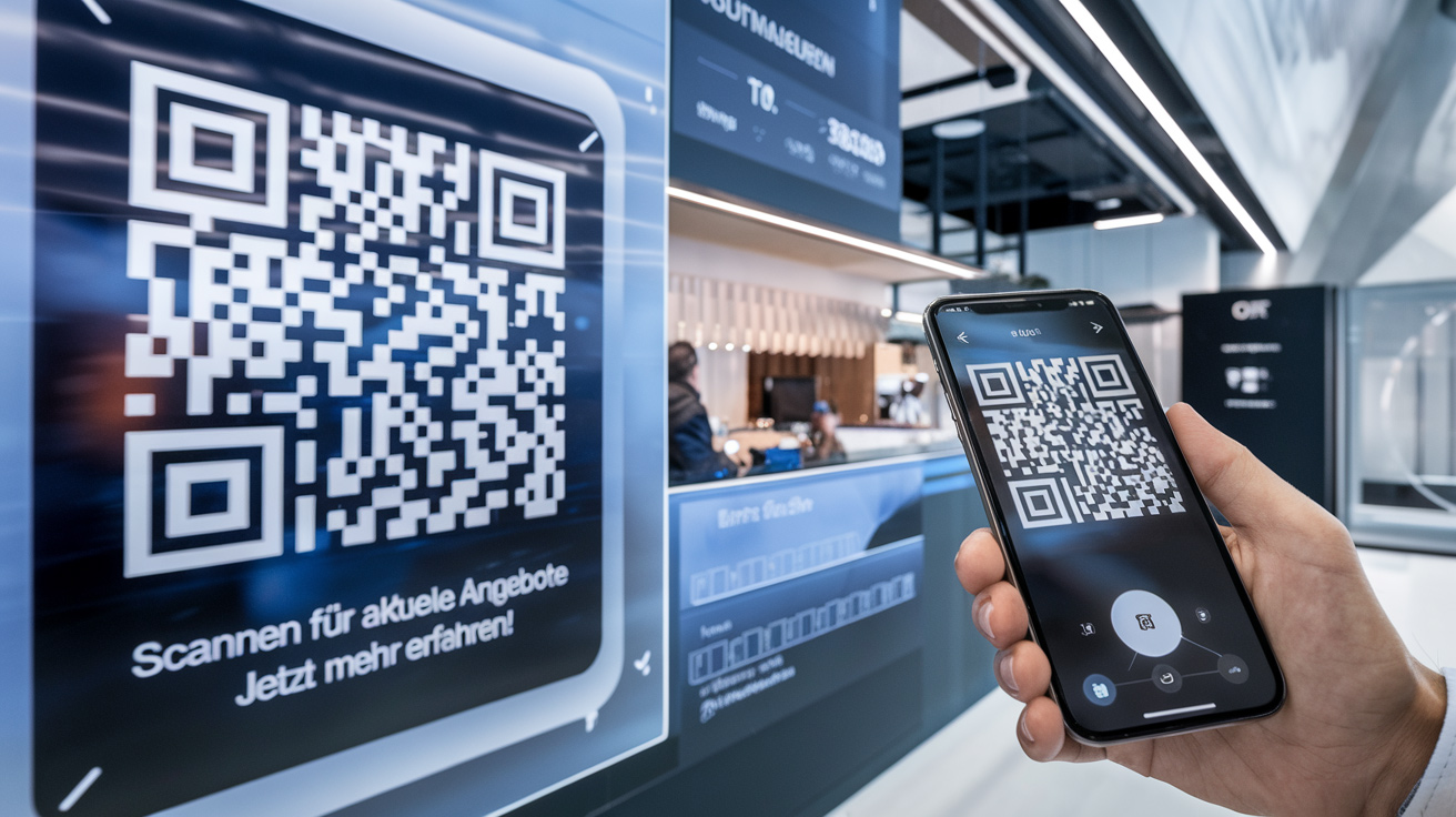 Ein Smartphone scannt einen dynamischen URL-QR-Code, während auf dem Display eine sich aktualisierende Webseite mit aktuellen Informationen erscheint.