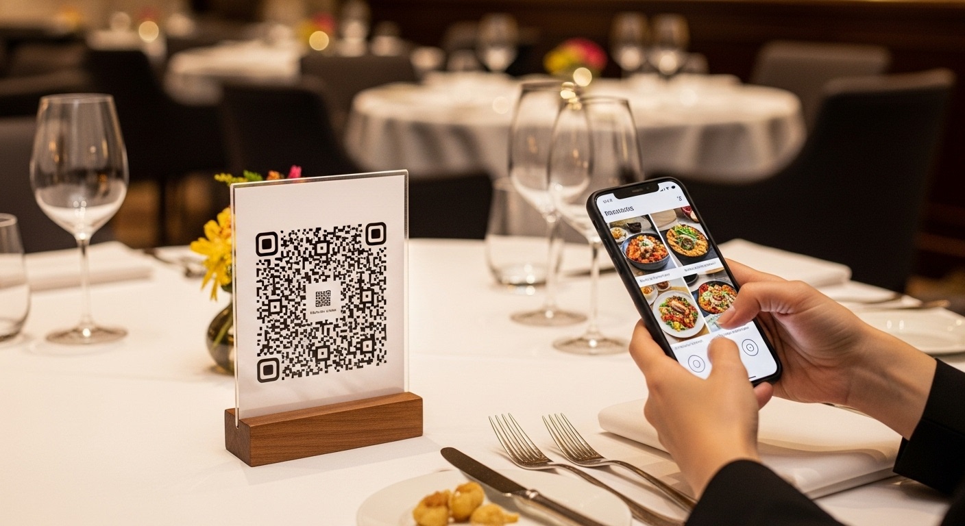 Ein Gast in einem Restaurant scannt einen QR-Code auf einem Tischaufsteller, um die digitale Speisekarte auf seinem Smartphone zu öffnen.