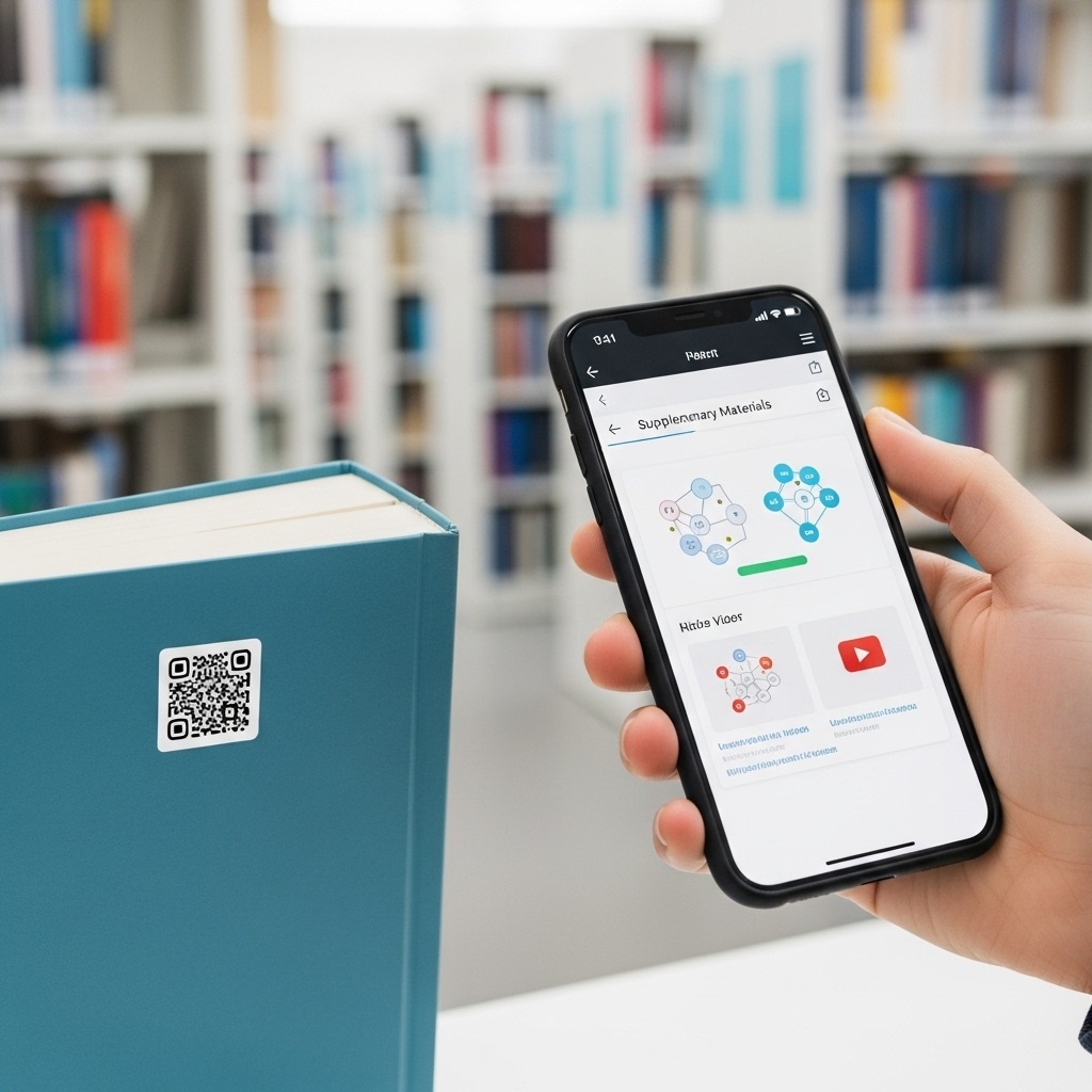 Ein Student scannt in einer Bibliothek einen QR-Code auf einem Lehrbuch, um digitale Lernmaterialien zu öffnen.