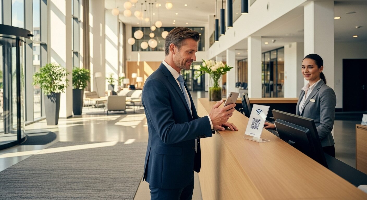 Gast scannt WLAN‑QR‑Code an der Rezeption für sofortigen Internetzugang