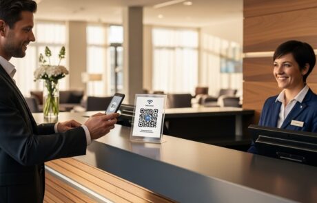 gast scannt WLAN-QR-Code am Empfang für Wlan Zugang